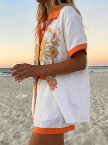 INAWLY Women's Vacation Palm Tree Letter Print Short Sleeve Shirt And Shorts Casual Set - White - View 4