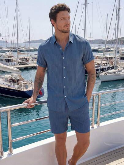 VIVINTIMO Conjunto de camisa de manga corta y pantalones cortos de unicolor casual para hombre