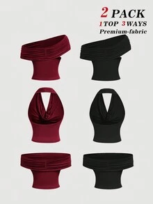 SHEIN MOD 2pcs/Set Women's Reversible Knit Vest, Burgundy + Black,Summer Top - Apricot - View 2