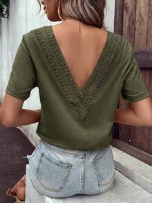 SHEIN VCAY Camiseta de manga corta con empalme de unicolor simple para mujer, verano - Verde militar - Ver 3