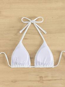 SHEIN Swim Summer Beach Solid Halter Triangle Bikini Top - White - View 4