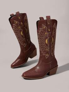 Styleloop Botas medianas para mujer, estilo bohemio, estilo vintage americano, bohemio, botas vaqueras, Festival de música Coachella, ropa de fiesta, ambiente de vacaciones, ropa de verano, artículos esenciales de viaje - Marrón + Hueco - Ver 6