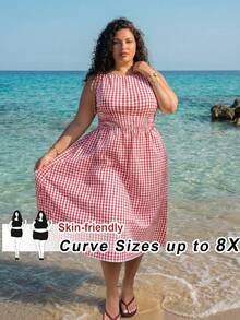 SHEIN CURVE+ Versatile Casual Vacation Party Midi Dress For Women - Pink - View 6