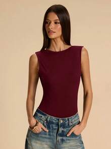Mono de mujer de unicolor casual con espalda descubierta, decoración de cadena metálica en el cuello, adecuado para playa, vacaciones, resort, trabajo casual, viajes, salidas de ocio, mono marrón, mono elegante y sexy con espalda descubierta - Burdeos - Ver 5