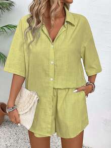 EMERY ROSE Women's Solid Color Drop Shoulder Short Sleeve Front Button Loose 2 Pieces Set, Fashionable For Summer - Olive Green - View 5