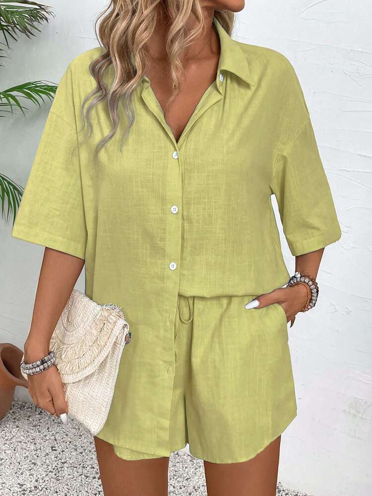Hotletica Women's Solid Color Drop Shoulder Short Sleeve Front Button Loose 2 Pieces Set, Fashionable For Summer - Olive Green - View 5