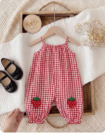 SHEIN 女婴夏季休闲格子草莓装饰连体衣
