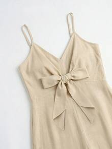 Louniche Bộ jumpsuit dài màu kaki cho nữ, dây mảnh, buộc dây, ống rộng, thích hợp cho kỳ nghỉ, màu trơn, thiết kế nơ. - Màu Khaki - Xem 4