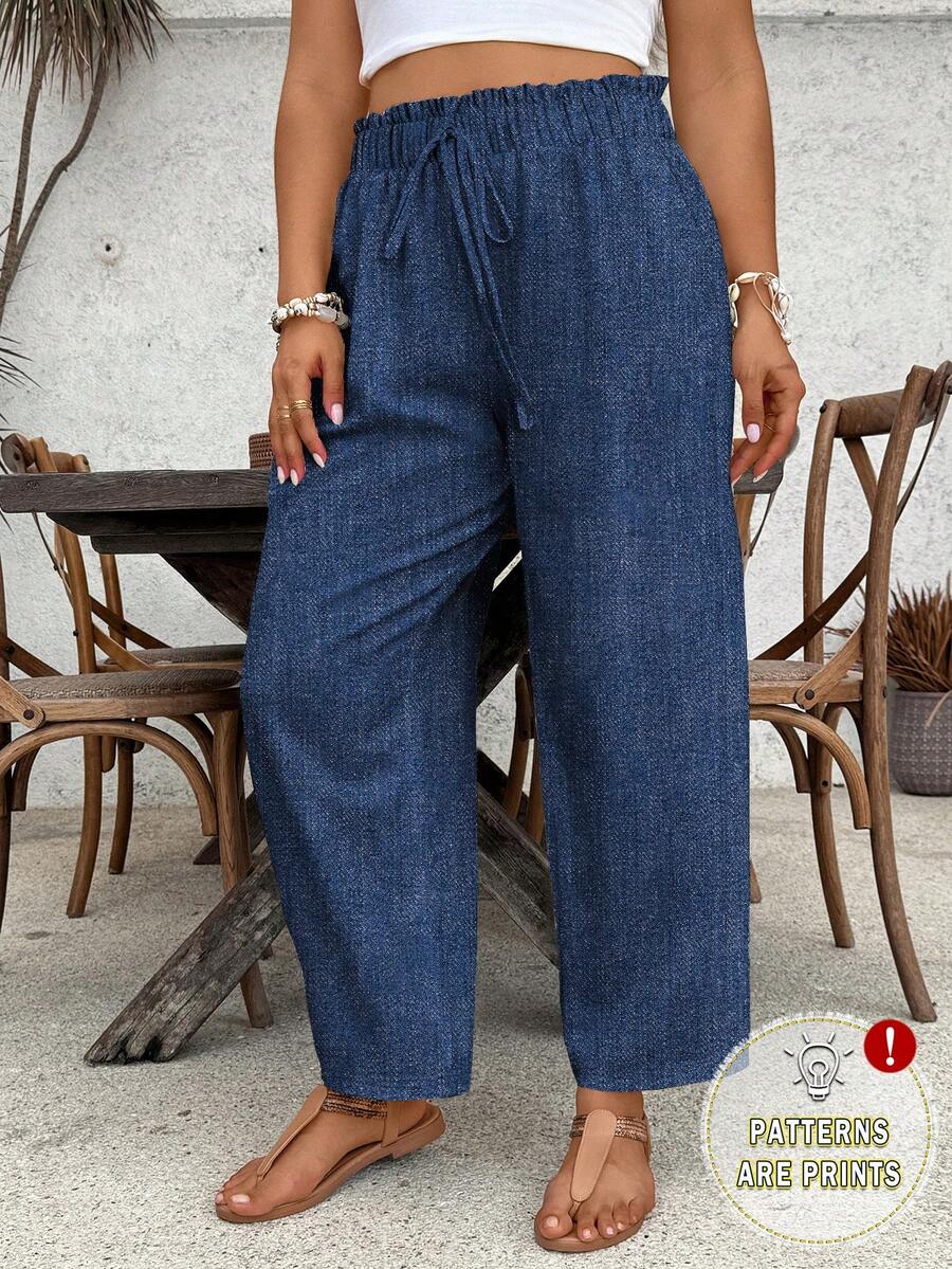 SHEIN VCAY Pantalones casuales de uso diario de unicolor con cordón en la cintura para mujeres de talla grande - Multicolor - Ver 1
