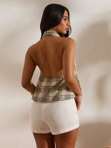 Women's Chiffon Halter Neck Plaid Vest, Suitable For Spring/Summer Vacation - Yellow - View 2