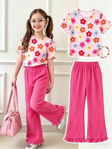 SHEIN Genkimix Kids 2件套女童（小号）春夏新款印花T恤和纯色梭织长裤，面料柔软舒适，款式可爱甜美，适合休闲、上学、度假、派对等场合。 - 粉色 - 查看 5
