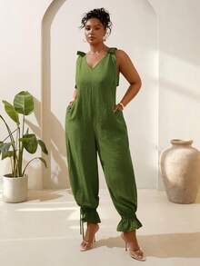 Veslaya Bộ jumpsuit ống rộng hai dây thắt nơ dáng dài dành cho nữ cỡ lớn mùa Xuân/Hè 2026, thích hợp cho các lễ hội âm nhạc, lễ Phục Sinh, tiệc sinh nhật, lễ tốt nghiệp, đi học, mặc hàng ngày, kỳ nghỉ, du thuyền, bãi biển, tắm nắng, phong cách đường phố, dự đám cưới, đi làm, ăn trưa, sân bay, tiệc tùng, sự kiện trang trọng, khiêu vũ. - xanh quân đội - Xem 4