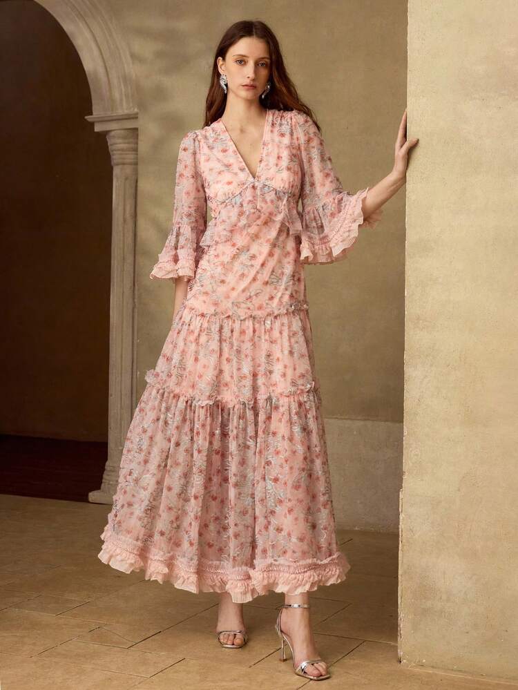 FLORAL PRINT FLOUNCE SLEEVE RUFFLE HEM DRESS