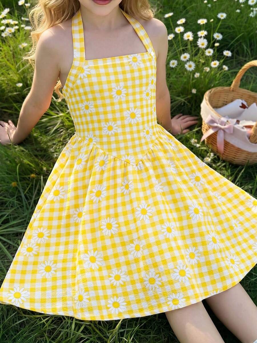 Tween Girls' Casual Plaid Daisy Print Halter Low Waist Skirt Dress - Yellow - View 1