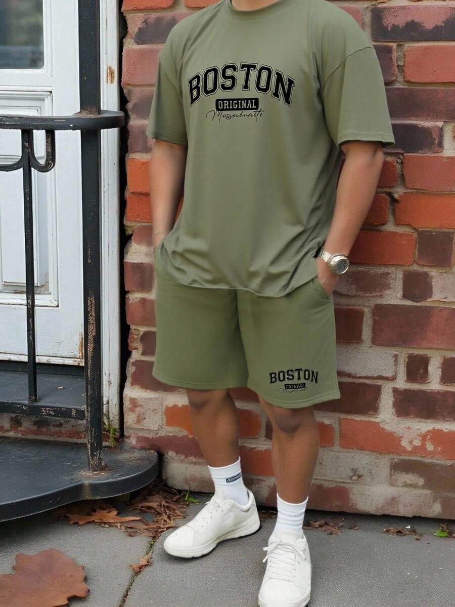 Sorvial Set de tricou și pantaloni scurți pentru bărbați, la modă, la modă, cu mâneci scurte, imprimate, vacanta, modă, simplu, scrisoare, Boston - Verde Armată - Vizualizare 1