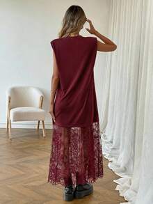 SHEIN LUNE 女士休闲纯色蕾丝拼接无袖长连衣裙，春夏日常穿着、通勤和外出必备基本款 - 酒紅色 - 查看 2