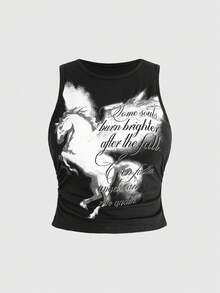ROMWE Grunge Punk Unicorn Floral English Print Ruched Plus Size Women Tank Top - Black - View 1