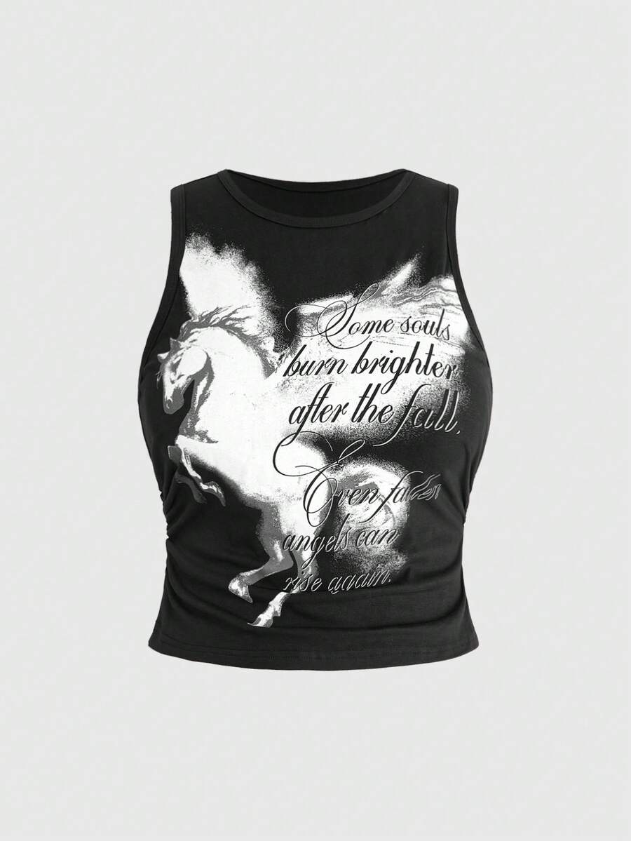 ROMWE Grunge Punk Unicorn Floral English Print Ruched Plus Size Women Tank Top - Black - View 1