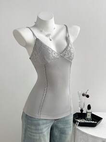 Top de punto de mujer con parches de encaje y costillas de alta elasticidad - Gris Claro - Ver 1