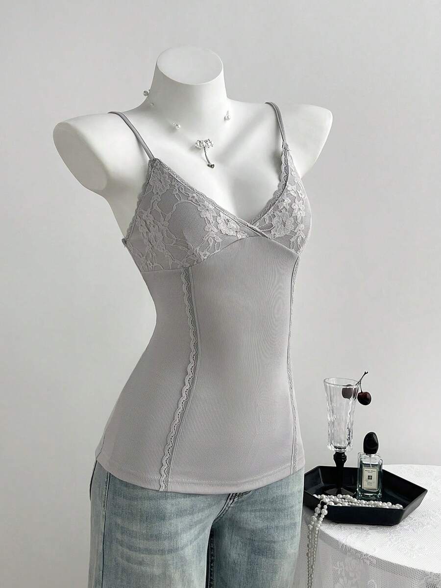 Top de punto de mujer con parches de encaje y costillas de alta elasticidad - Gris Claro - Ver 1