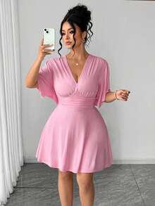 Elenzga Đầm dự tiệc thanh lịch dành cho nữ cỡ lớn, màu trơn, cổ chữ V sâu, eo nhún. - Hồng - Xem 5
