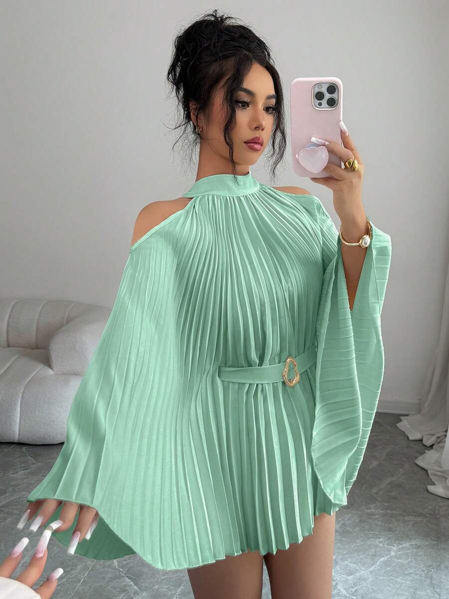 SHEIN Elenzya 优雅度假风束腰喇叭袖中长款女式衬衫 - 綠色 - 查看 1