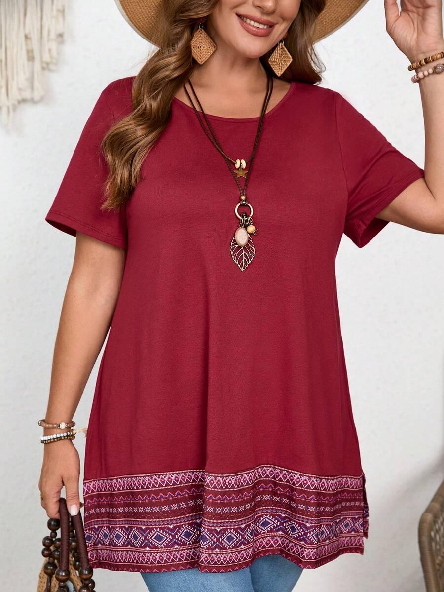 夏季假日风大码女式几何印花圆领短袖休闲透气妈妈T恤 - 紅色 - 查看 1