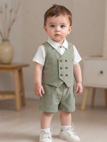 Baby Boy Gentleman Outfit - Vest And Shorts Set - Green - View 2
