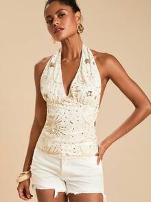 Travachic Women's Sequin Decor Halter Neck Camisole - Beige - View 4