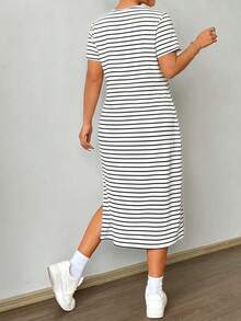 Solflare Plus Size Striped Print Round Neck High Slit Short Sleeve Dress For Women - Multicolor - View 2