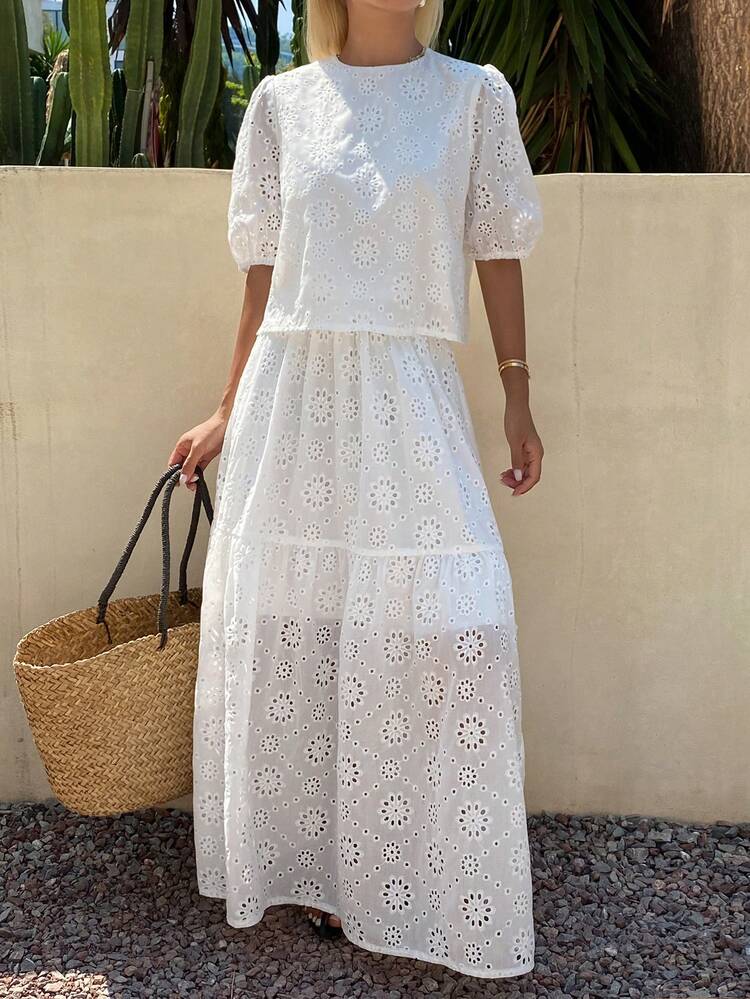 White Hollow Petal Sleeve Lace Blouse & Casual Skirt 2 Pieces Set For Women, Autumn/Winter