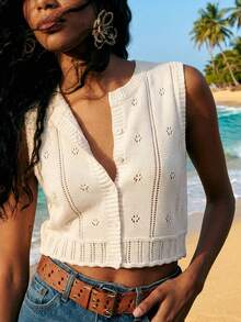 DAZY Women's Hollow Out Casual Crew Neck Cropped Knit Top Summer - Apricot - View 10