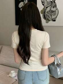 DAZY Women's Casual Solid Color Minimalist Short Sleeve T-Shirt Summer - Beige - View 2