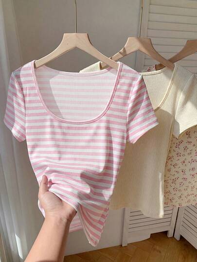 Comfortcana Bộ 3 áo thun ngắn tay kẻ sọc dáng rộng dành cho nữ, thích hợp mặc hàng ngày.