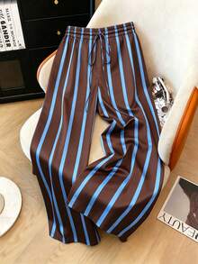 Franclia Pantalones rectos de pierna con cintura ajustable con cordón y estampado de rayas, talla grande - Café integral - Ver 3