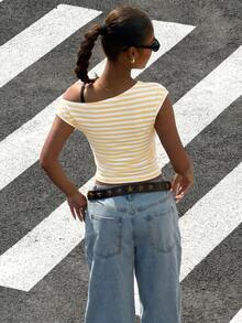 Muchica Top de punto de un hombro con rayas amarillas para mujer - Amarillo - Ver 2