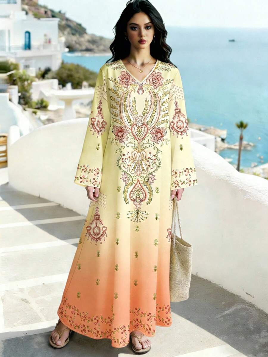 SHEIN Najma 腰果花和石榴花刺绣印花长裙,V领长袖碎花连衣裙,优雅渐变橙色碎花连衣裙,春夏款 - 彩色 - 查看 1