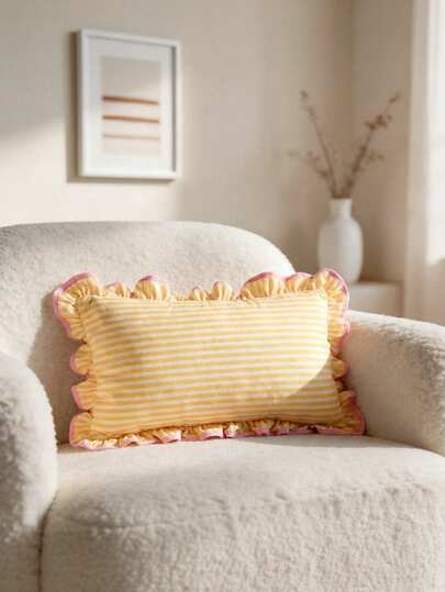 1 Piece, Girl Style Vermicelli Pattern Pillow Cover, Lotus Leaf Edge Contrasting Color, College Style Pastoral Waist Pillowcase, Sofa Children's Room Decoration