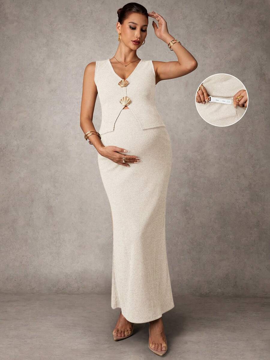 MaterniChic Maternity Metal Shell Decor Tank Top And Adjustable Waist Fitted Skirt 2 Pieces Set - Apricot - View 1