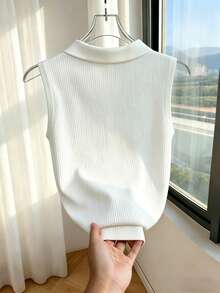 Franclia White Knit Ribbed Sleeveless Vest For Women,Summer Elegant And Classy Collared Top With Pearl Metal Buckle,School Back-To-School Professional Attire - White - View 3