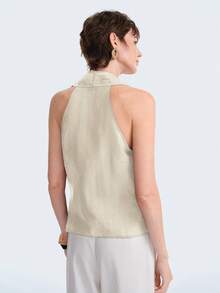 Aalyst Damen Frühling/Sommer Französisch eleganter Luxus minimalistisches Design Lässig Boho Urlaubs-/Büromode Vintage komfortables einfarbiges Leinen Tencel Stoff Kreuzausschnitt geraffter Seitenbindung ärmellos kurzes Hemd - Aprikosenfarben - Übersicht 2
