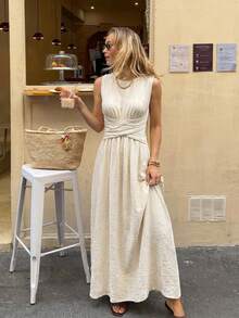 SHEIN Frenchy Women's Textured Pleated Casual Dress, Minimalist Versatile Daily Wear,Summer Dresses For Women Yisikado Dress, Zanea Dress For Woman Elegant Dress - Apricot - View 3