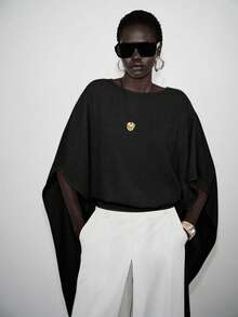 Lumivelle Women's Solid Color Boat Neck Batwing Sleeve Loose Cropped Top,Black,Autumn,Elegant,Office Winter Tops Stylish Outfit For Dinner Birthday Party - Black - View 8