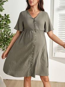 SHEIN Nouvelle arrivée Robe d'été bohème à col en V, manches courtes et volants à l'ourlet - Militaire verte - Voir 6