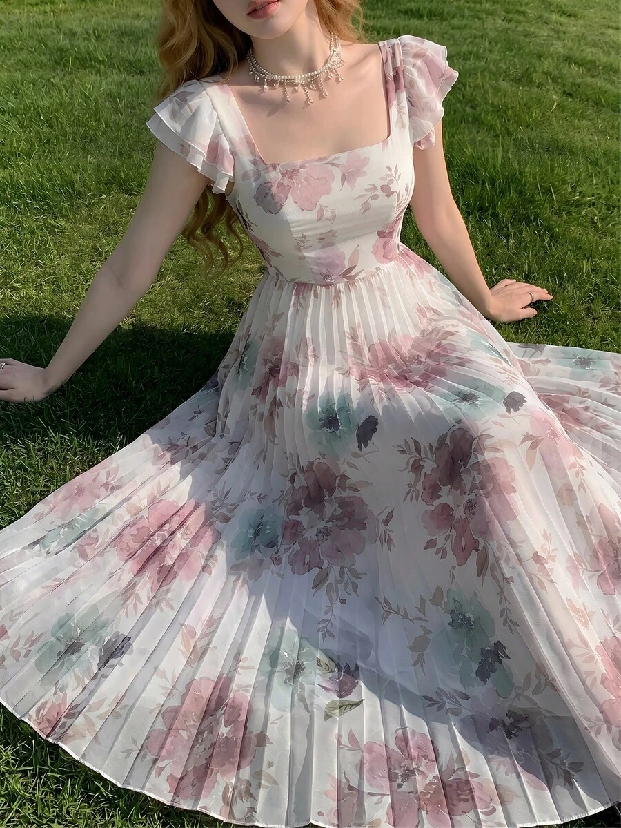 Feyla 女士印花方领荷叶袖连衣裙 - 彩色 - 查看 1