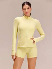 GLOWMODE FeatherFit™ Slim-It Streamline Performance Secure Pockets Zip Up Long Sleeve Jacket Low Impact Yoga Daily Fall - French Vanilla - Xem 4