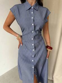 Firerie 女士蓝白条纹泡泡袖A字中长连衣裙，系带衬衫裙，休闲通勤翻领连衣裙，收腰条纹办公中长裙，适合春、夏、秋季，优雅百搭，通勤、约会、工作、返校、教师节、正式场合、商务通勤，简约连衣裙 - 藏蓝色 - 查看 8