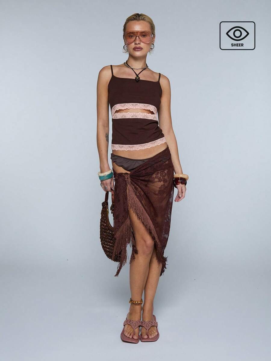 COUREZ Penutup Pantai Multiwear Motif Polka Cokelat dengan Hiasan Rumbai, Pakaian Liburan Musim Panas Gaya Boho untuk Wanita, Pakaian Renang Musim Semi Gaya Y2K - Coklat - View 1