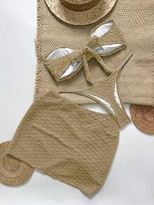 Swim Vcay Women's Textured Strapless Starfish Bikini 3 PiecesSexy Swimsuit Knitted Swim Wear Bikini Cover Up Sets Bikinis Set For Women With Cover Up Knit Sets Linen Beach Set - Khaki - View 2