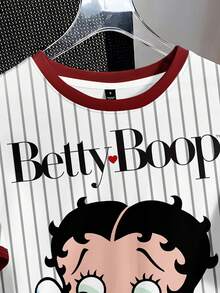 Attitoon Betty Boop x SHEIN Betty联名款休闲简约圆领短袖条纹世界杯图案英文字母宽松T恤，女款，时尚，Y2K风格 - 彩色 - 查看 14